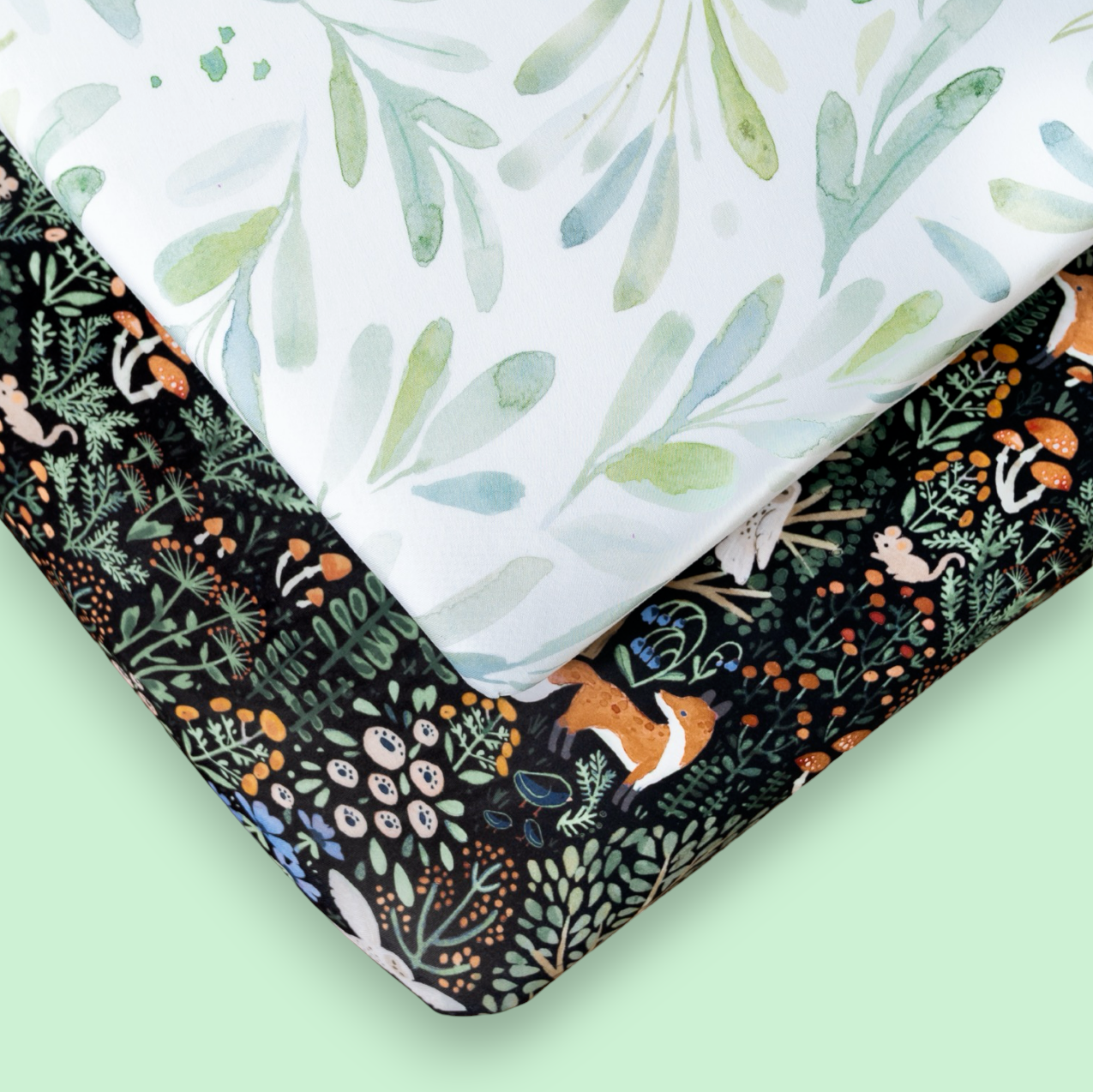 2-Pack StretchLuxe Fitted Crib Sheets (Baywood Eucalyptus, Forest Fairytale)